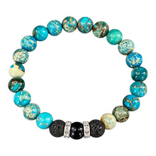 Earthy Turquoise EMF Protection Beaded Bracelet with turquoise and earth-toned beads, black lava stones and silver crystal spacers on a white background