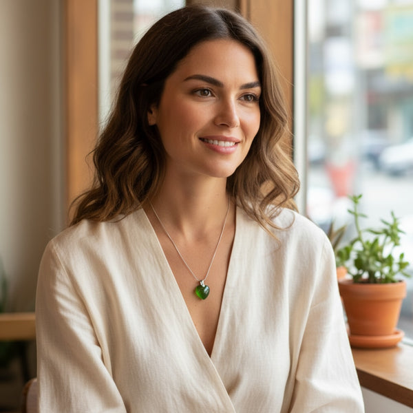 Emerald heart EMF necklace designed for wearable EMF protection