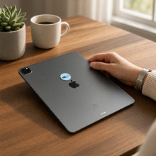 EMF Mega Shield for Tablets - Glitz Cool Breeze Blue on the back of an iPad on a home office desk