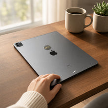 EMF Mega Shield for Tablets - Gold on Black on the back of an iPad on a home office desk