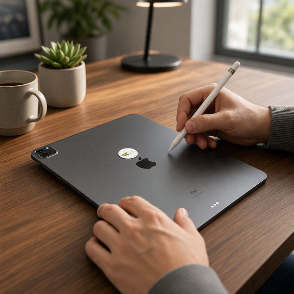 EMF Mega Shield for Tablets - Gold on White on the back of an iPad on a home office desk