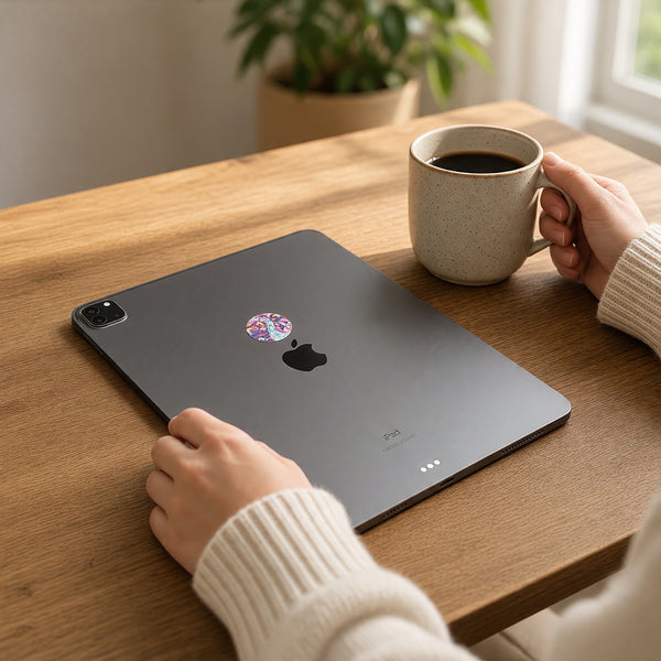 EMF Mega Shield for Tablets - Healing River on the back of an iPad on a home office desk