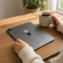 EMF Mega Shield for Tablets - Healing River on the back of an iPad on a home office desk