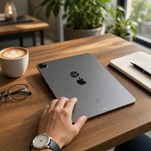 EMF Mega Shield for Tablets - Silver Menorah on the back of an iPad on a home office desk