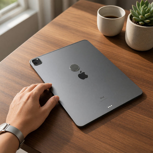 EMF Mega Shield for Tablets - Silver on Black on the back of an iPad on a home office desk