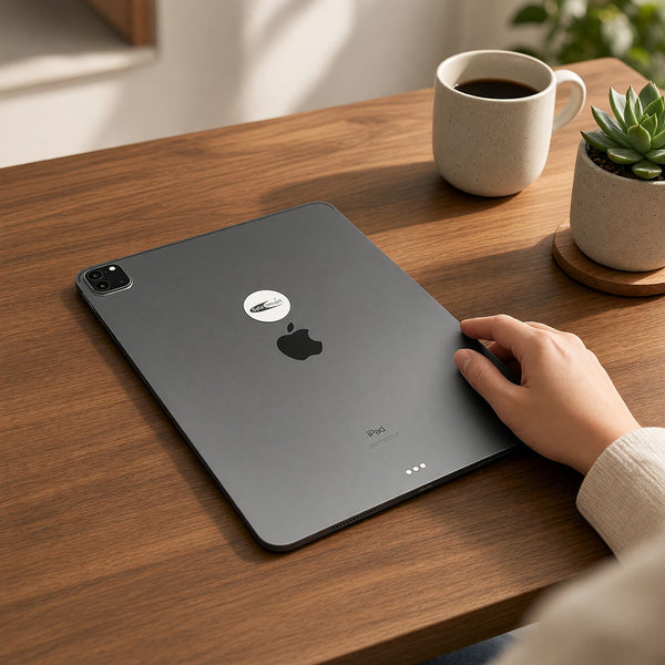 EMF Mega Shield for Tablets - Silver on White on the back of an iPad on a home office desk
