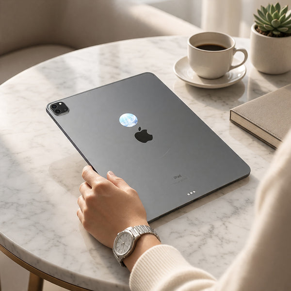 EMF Mega Shield for Tablets - Wings of Peace on the back of an iPad on a cafe table
