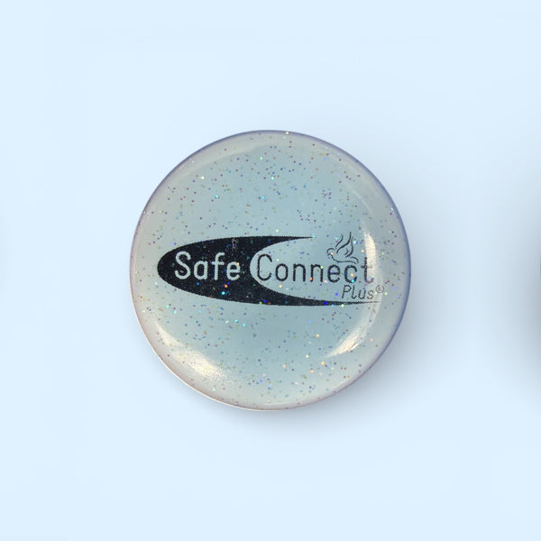Close-up of EMF Protection Mega Shield Glitz Cool Breeze Blue with Safe Connect Plus logo