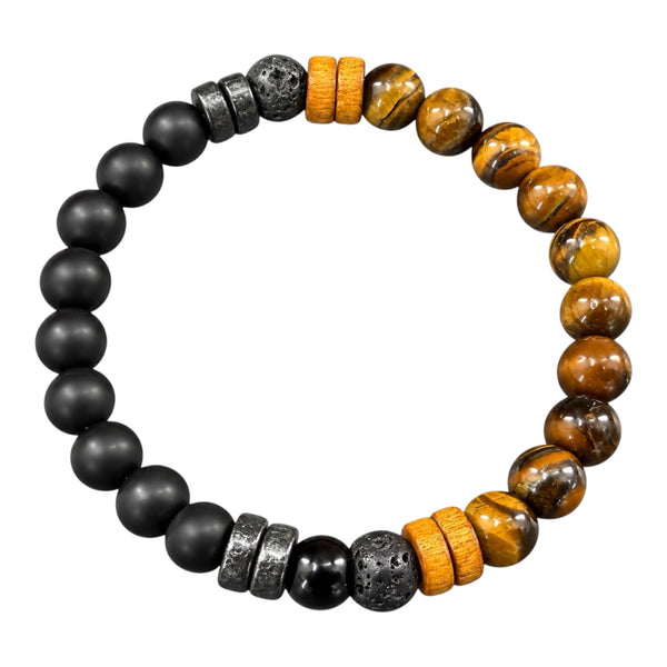 Men's mixed EMF protection bracelet with black beads and tiger eye stones on white background