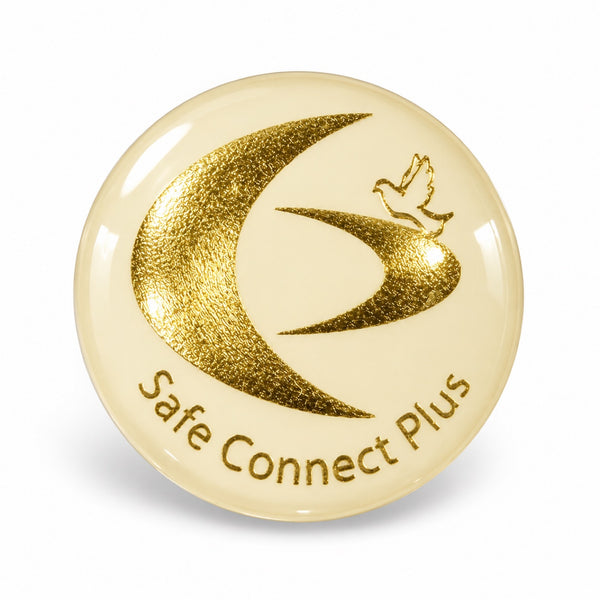Gold on White EMF Mini Shield – round phone sticker with a gold swirl, dove, and Safe Connect Plus text on a white background that harmonizes EMF from your phone