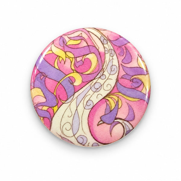 Healing River EMF Mini Shield – round phone sticker with a flowing pink, purple and yellow river design that harmonizes EMF from your phone