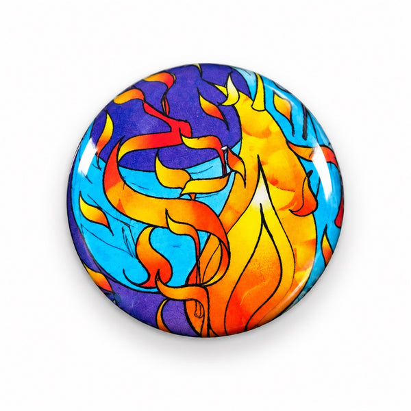Refining Fire EMF Mini Shield – round phone sticker with orange, yellow and blue flame design that harmonizes EMF from your phone