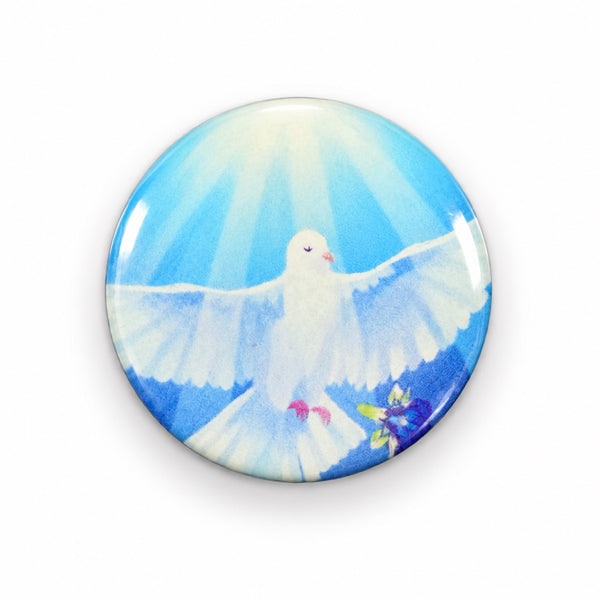 Wings of Peace EMF Mini Shield – round phone sticker with a white dove and soft blue sky design that harmonizes EMF from your phone