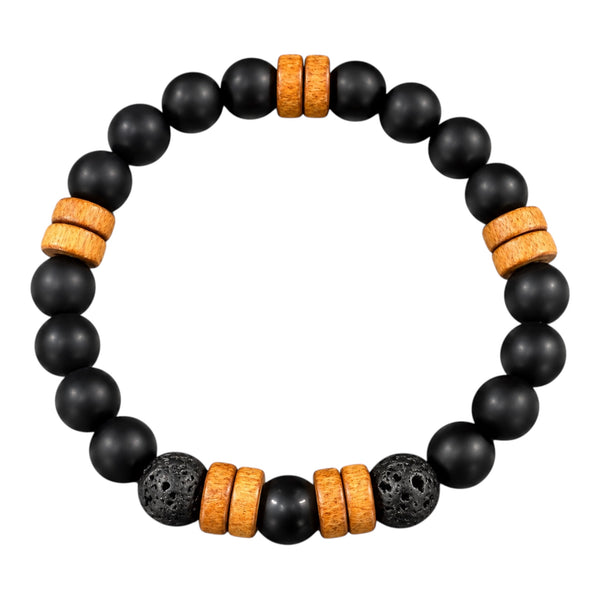 EMF Protection Beaded Bracelet for Men – Black with matte black beads, wooden accent beads and black lava stones on a white background