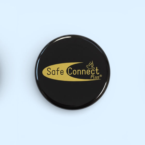 Close-up of EMF Protection Mega Shield Gold on Black device with Safe Connect Plus logo
