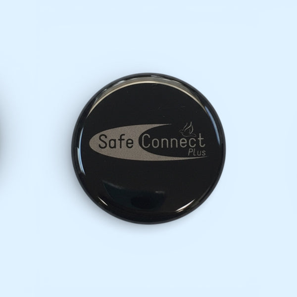 Close-up of EMF Protection Mega Shield Silver on Black with Safe Connect Plus logo