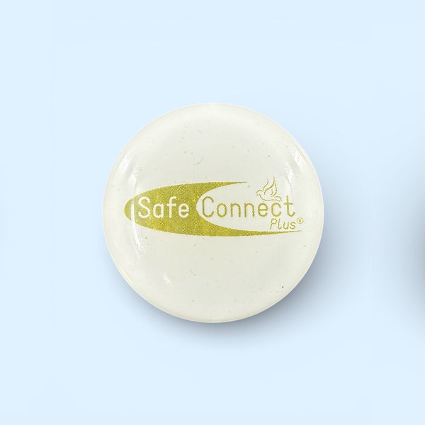 Close-up of EMF Protection Mega Shield White and Gold with Safe Connect Plus logo