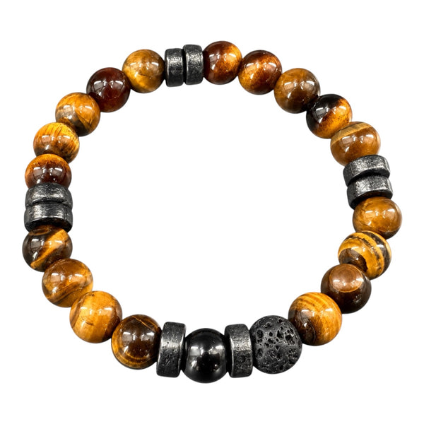 Men's tiger eye EMF protection lava bead bracelet with golden tiger eye stones and dark spacers on white background