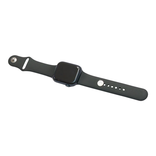 EMF Protection Smart Watch Clip Button Shield on a black smartwatch laid flat - round silver Safe Connect Plus button on the band