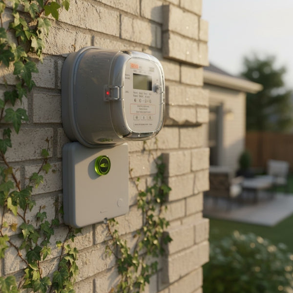 EMF smart meter protection device installed on home exterior to help reduce electromagnetic field exposure