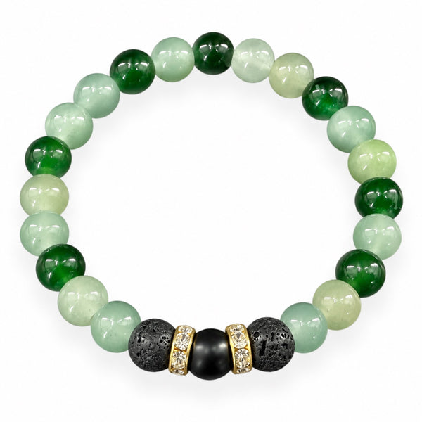 Evergreen EMF protection beaded bracelet with deep green and pale mint green beads, black lava stones and gold crystal spacers on white background