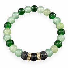 Evergreen EMF protection beaded bracelet with deep green and pale mint green beads, black lava stones and gold crystal spacers on white background