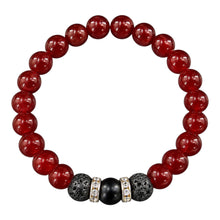 Garnet EMF Protection Beaded Bracelet with deep red garnet beads, black lava stones and gold crystal spacers on a white background