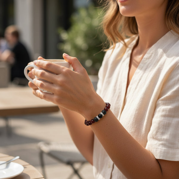 Woman wearing garnet EMF protection beaded bracelet with lava stones while holding a coffee outdoors