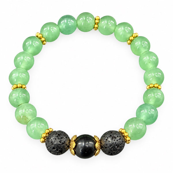 Green Aventurine EMF Protection Beaded Bracelet — green aventurine beads with black lava beads and gold spacers on white background
