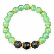 Green Aventurine EMF Protection Beaded Bracelet — green aventurine beads with black lava beads and gold spacers on white background
