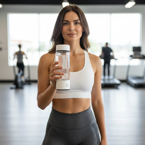 Woman holding EMF protection hydrogen water bottle at the gym for daily hydration and wellness