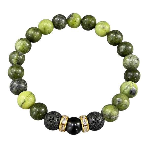 Jade EMF protection beaded bracelet with green jade beads, black lava stones and gold crystal spacers on white background