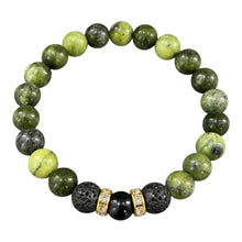 Jade EMF protection beaded bracelet with green jade beads, black lava stones and gold crystal spacers on white background