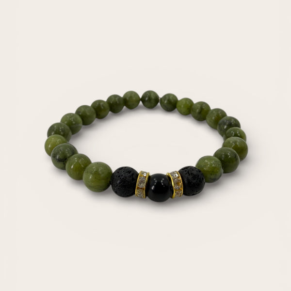 Jade style EMF protection beaded bracelet with green stone look beads and black lava accents on white background