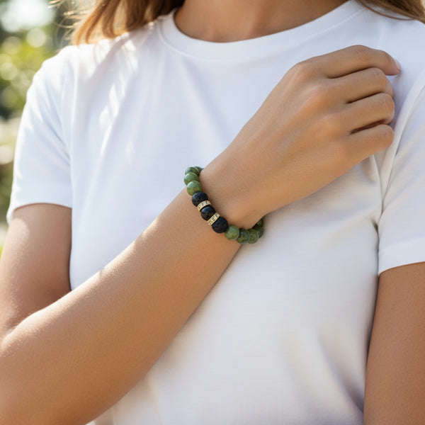 Jade style EMF protection beaded bracelet worn on wrist showing green stone look beads and modern design