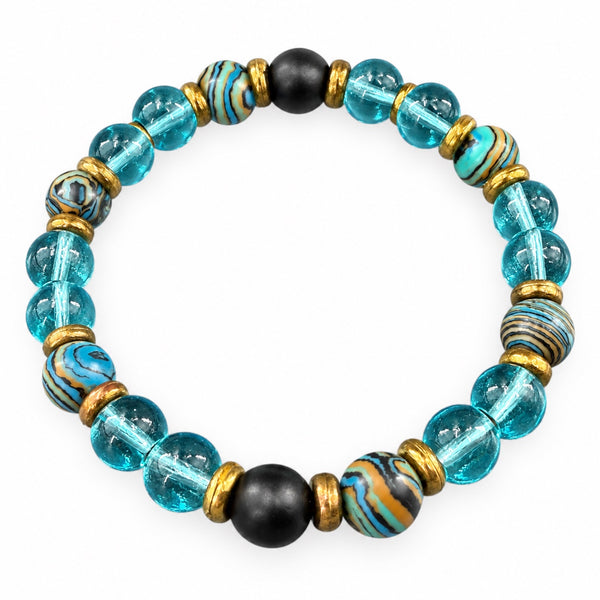Lake Blue EMF Protection Beaded Bracelet — translucent lake-blue glass beads with matte black beads and gold-tone spacers