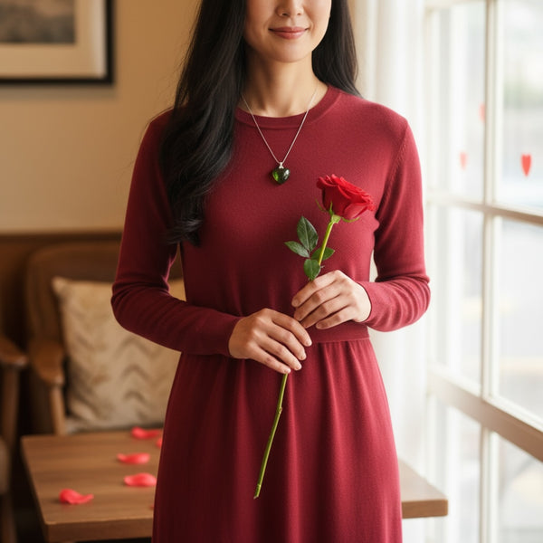 Woman wearing large emerald heart EMF protection necklace with silver chain, styled with red dress and rose