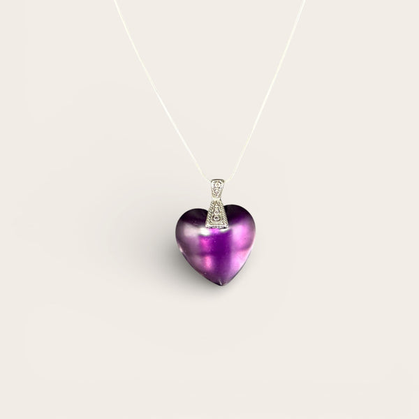 Large purple heart EMF protection necklace with premium bezel on white background
