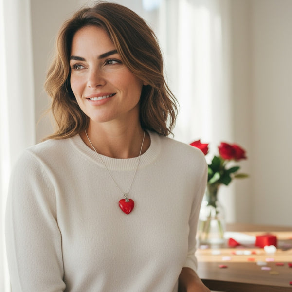 Woman wearing large red heart EMF protection necklace with bold heart pendant