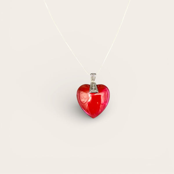 Large red heart EMF protection necklace with upgraded bezel and silver chain