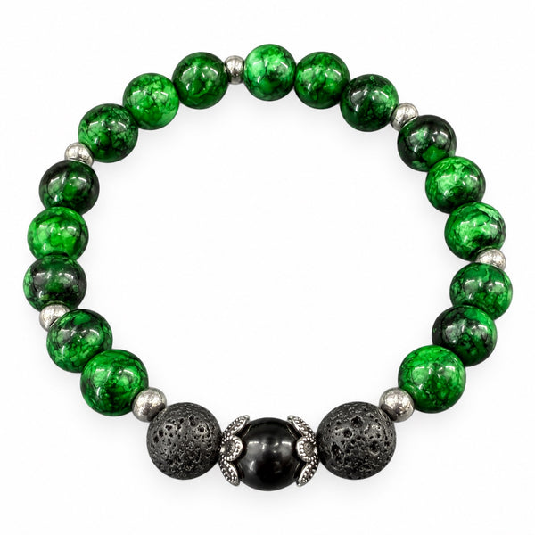 Malachite EMF Protection Beaded Bracelet — deep green marbled malachite beads with black lava beads and silver spacers on white background