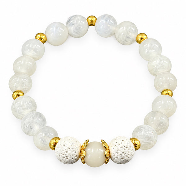 Moonstone EMF Protection Beaded Bracelet — soft white moonstone beads with white lava beads and gold spacers on white background