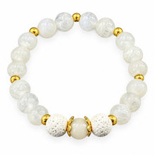 Moonstone EMF Protection Beaded Bracelet — soft white moonstone beads with white lava beads and gold spacers on white background