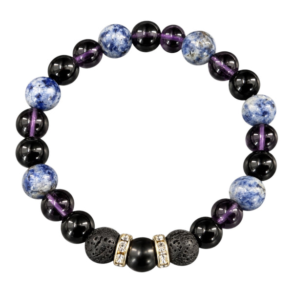 Nightfall EMF Protection Beaded Bracelet with blue, black and purple beads, black lava stones and gold crystal spacers on a white background
