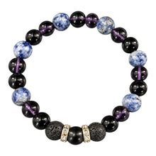 Nightfall EMF Protection Beaded Bracelet with blue, black and purple beads, black lava stones and gold crystal spacers on a white background
