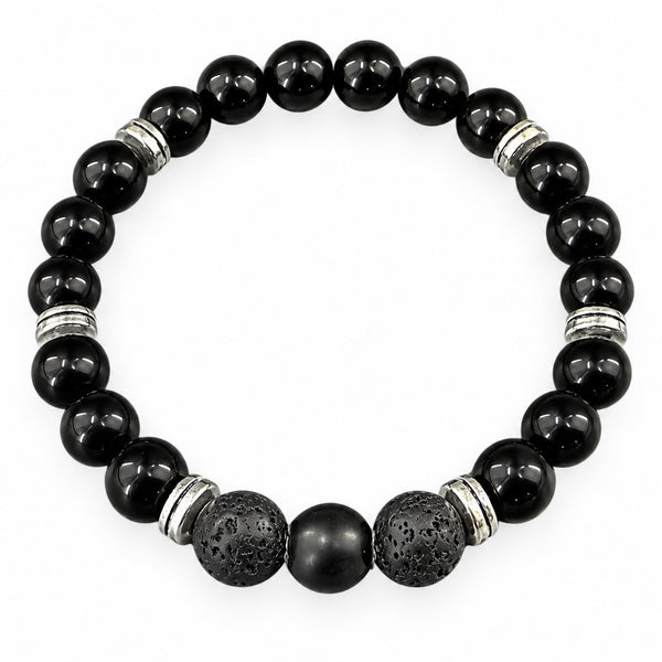 Obsidian EMF Protection Beaded Bracelet — polished black beads with matte black lava beads and silver spacers on white background