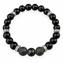 Obsidian EMF Protection Beaded Bracelet — polished black beads with matte black lava beads and silver spacers on white background
