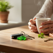 Perfectly Imperfect Shamrock EMF Protection Keychain attached to office keys for everyday EMF exposure support
