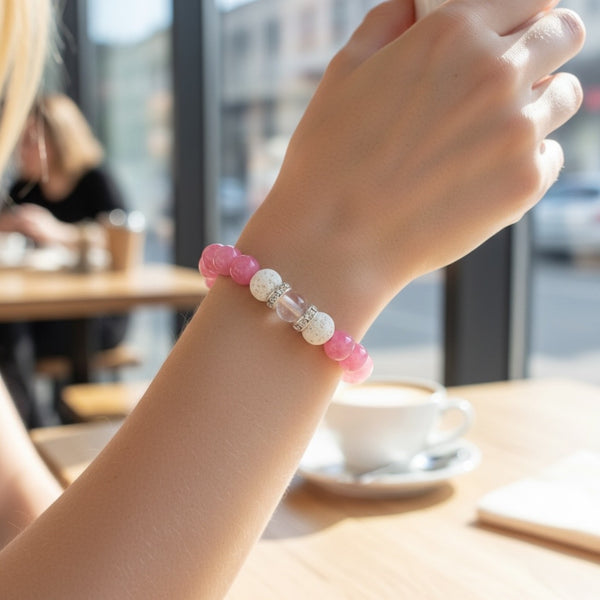 Pink EMF protection bracelet for women worn daily in wireless environment