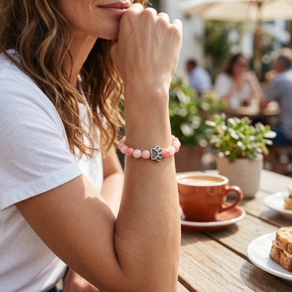 Woman wearing a pink beaded EMF protection bracelet with silver dog paw charm at an outdoor cafe.